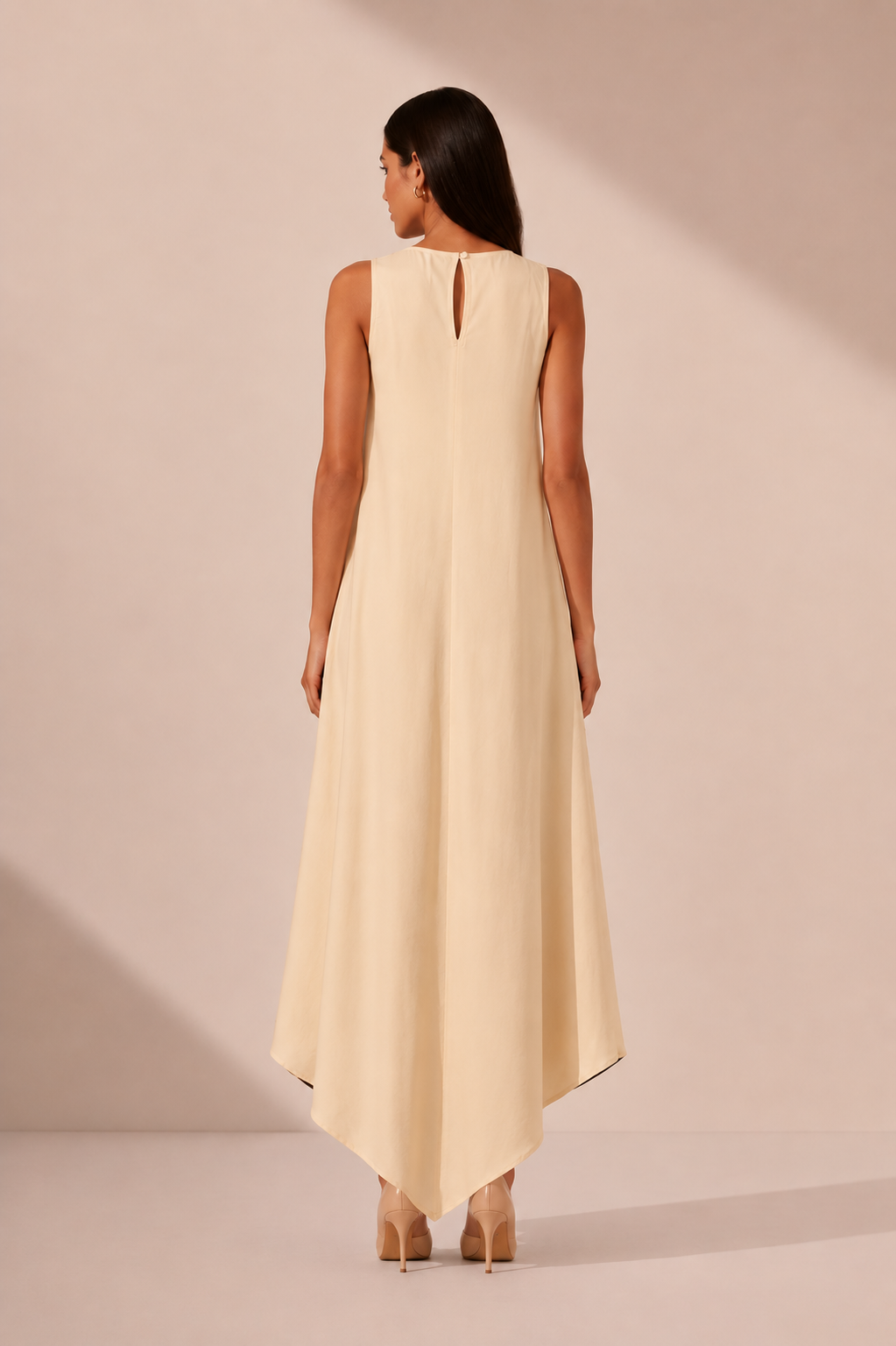 Sands of India Women Floral Print Sleeveless Asymmetric Hem A-Line Maxi Novelle Beige Dress - 3122