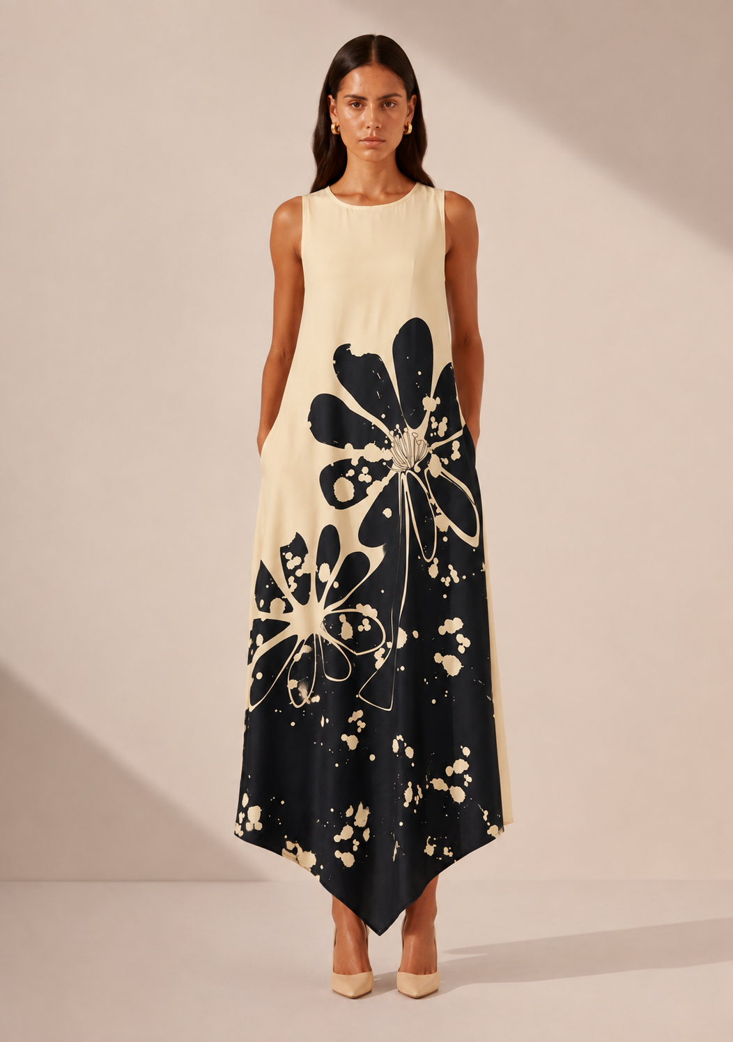 Sands of India Women Floral Print Sleeveless Asymmetric Hem A-Line Maxi Novelle Beige Dress - 3122
