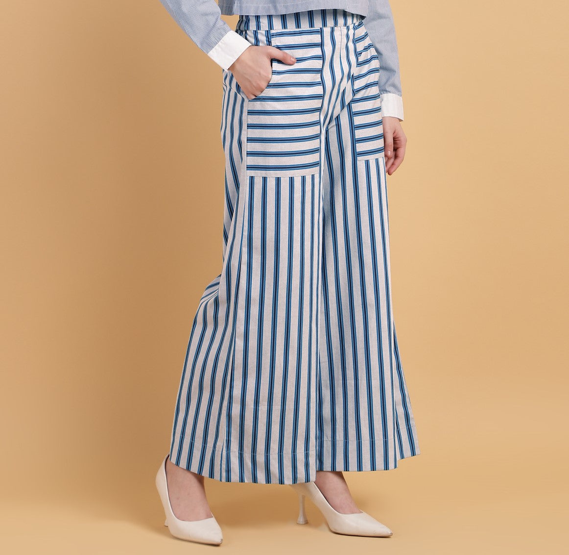 Stripped wide leg trousers with pocket-2917