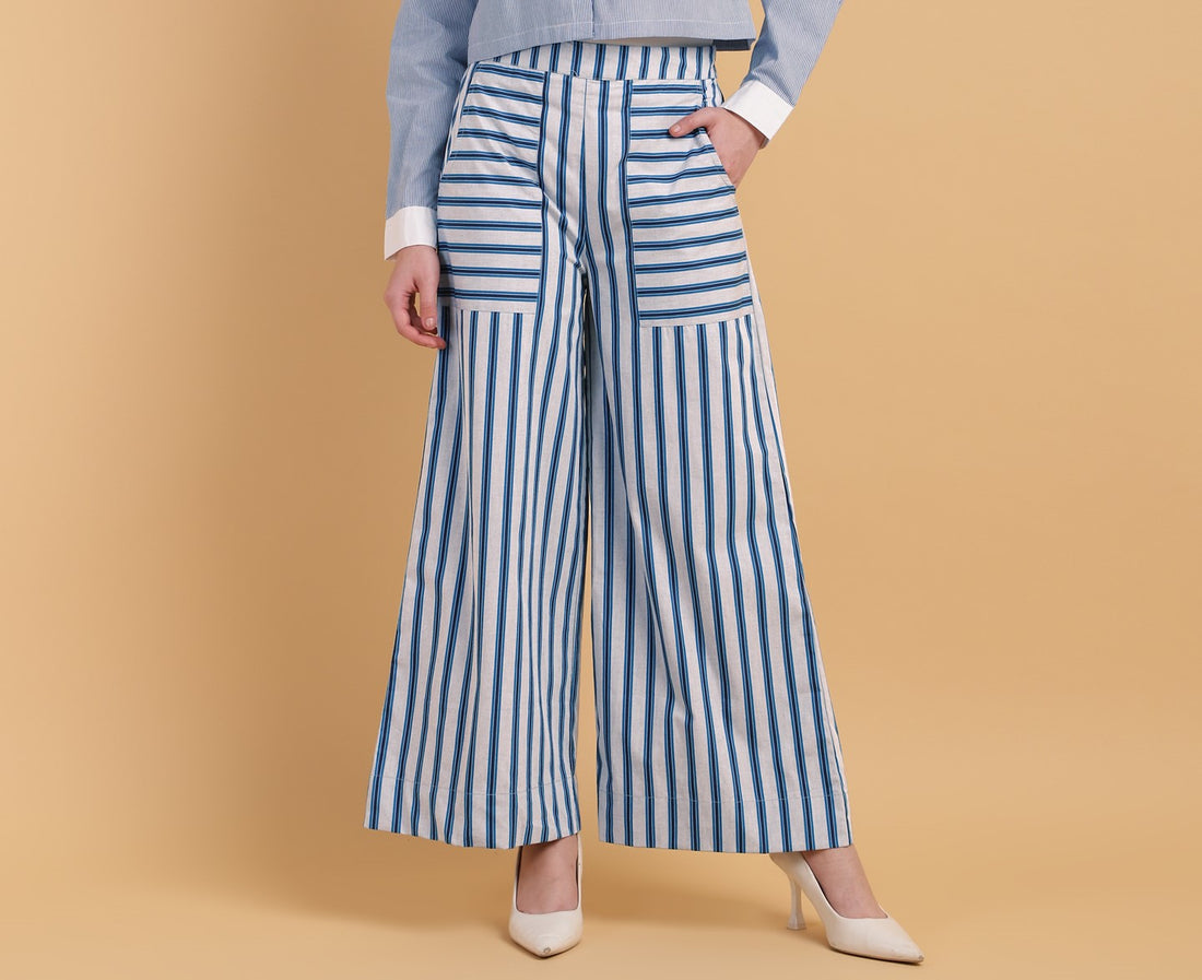 Stripped wide leg trousers with pocket-2917