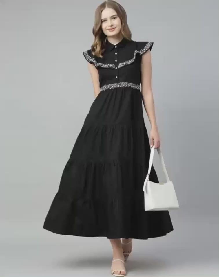 4 TIER LONG BLACK EMBROIDERED DRESS - 2964