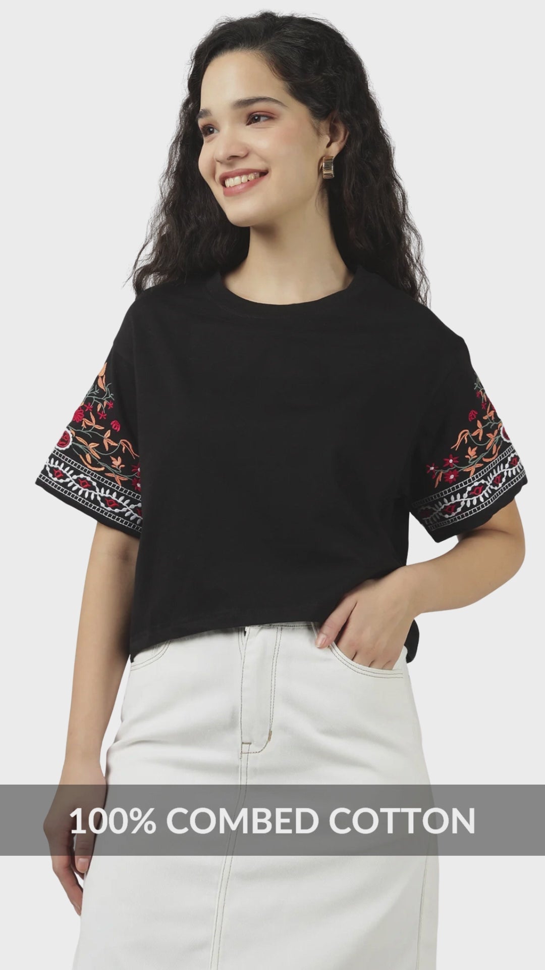 Sands Of India Women’s Black Crop Top with Sleeve Embroidery - 2993