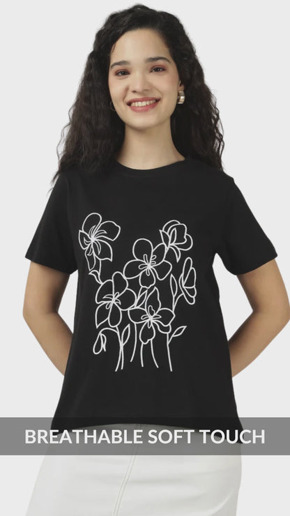 Sands Of India Women’s Floral Embroidered Black Regular Fit T-Shirt - 2990