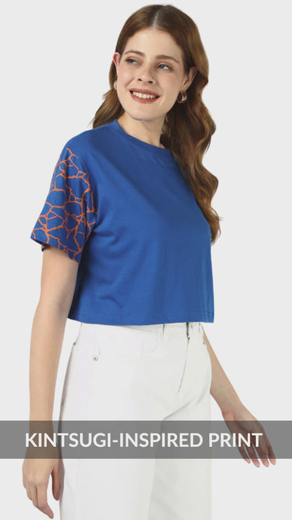 Sands Of India Women’s Blue Crop Top with Kintsugi-Inspired Sleeve Print - 2995