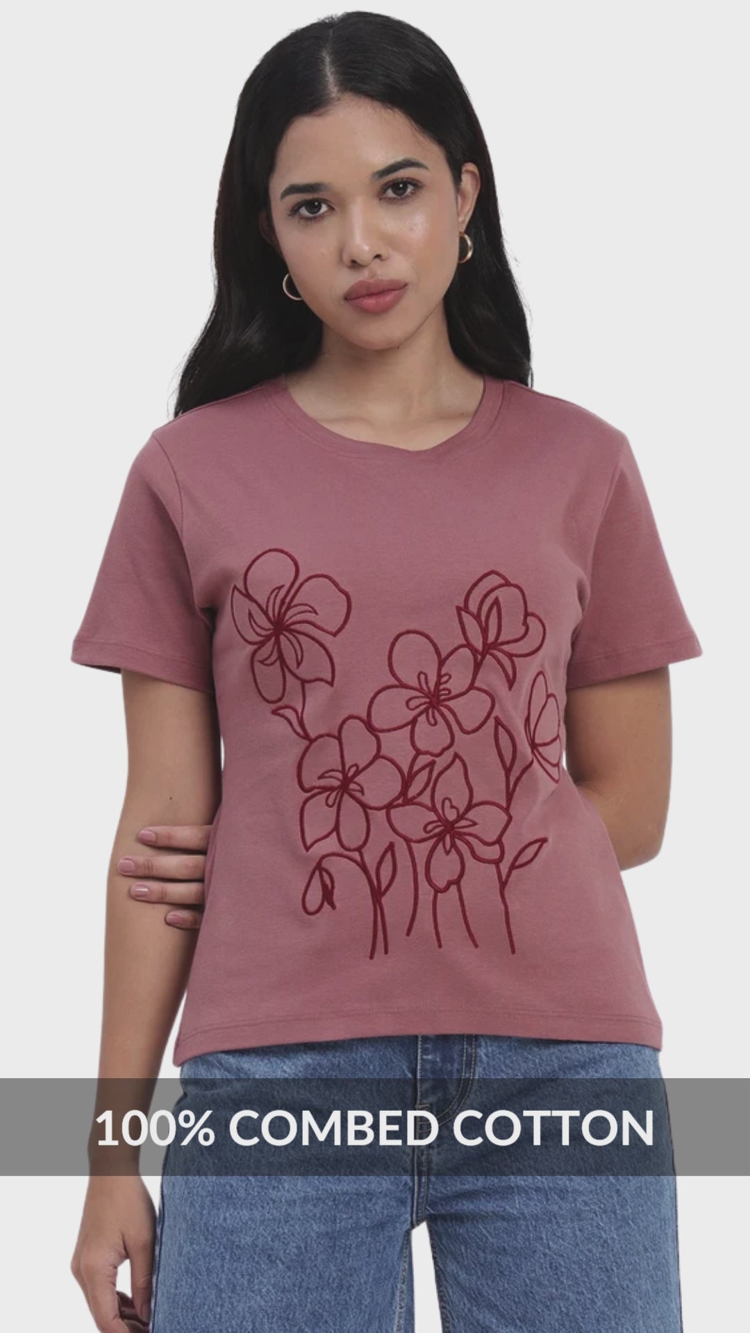 Sands Of India Embroidered Salmon-coloured regular t-shirt- 2783