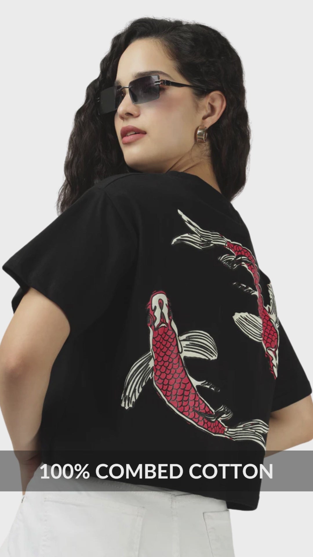 Sands Of India Women’s Black Crop Top with Twin Fish Back Print - 2996