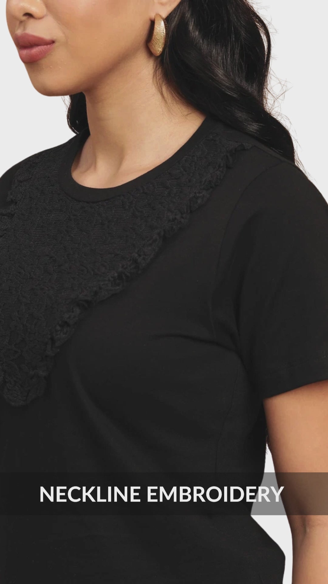 Sands Of India Black Regular T-shirt with lace neck accent- 2776
