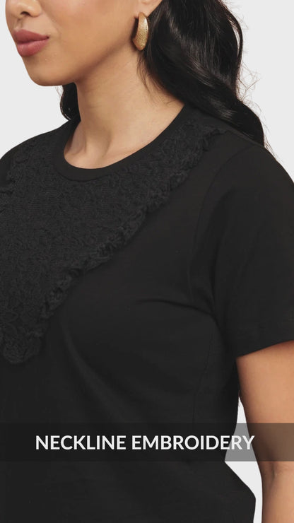Sands Of India Black Regular T-shirt with lace neck accent- 2776