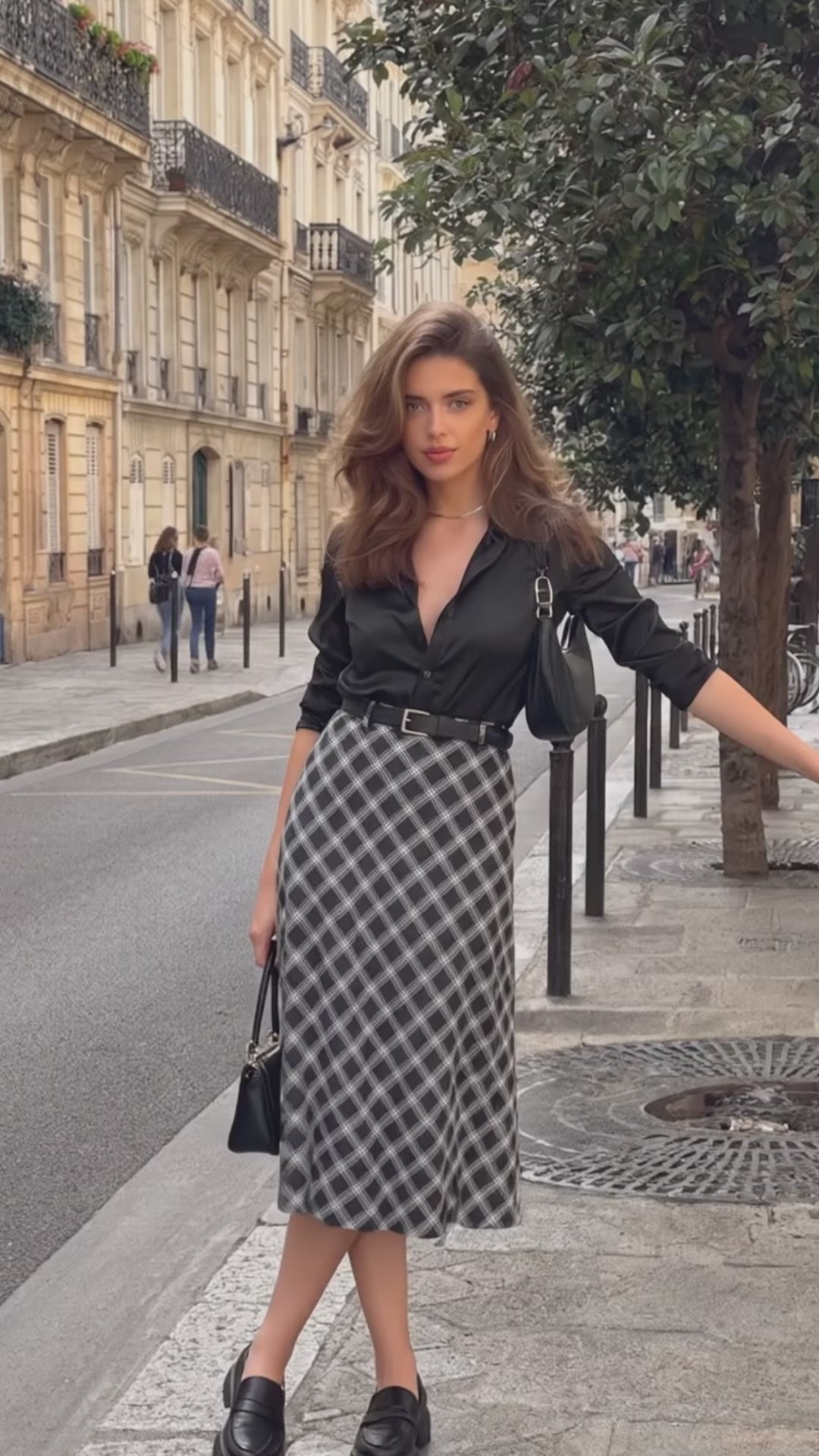 Women’s Black &amp; White Check High-Waist Bias-Cut A-Line Midi Skirt -3110