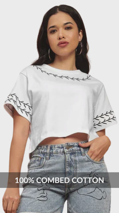 Sands Of India White Crop Top with Black Embroidery  - 2781