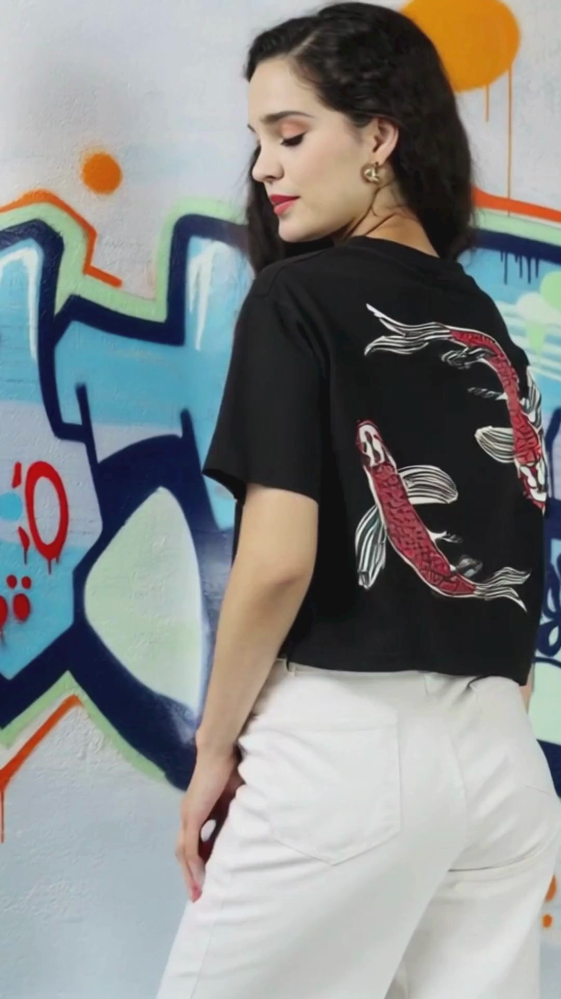 Women’s Black Crop Top with Twin Fish Back Print - 2996