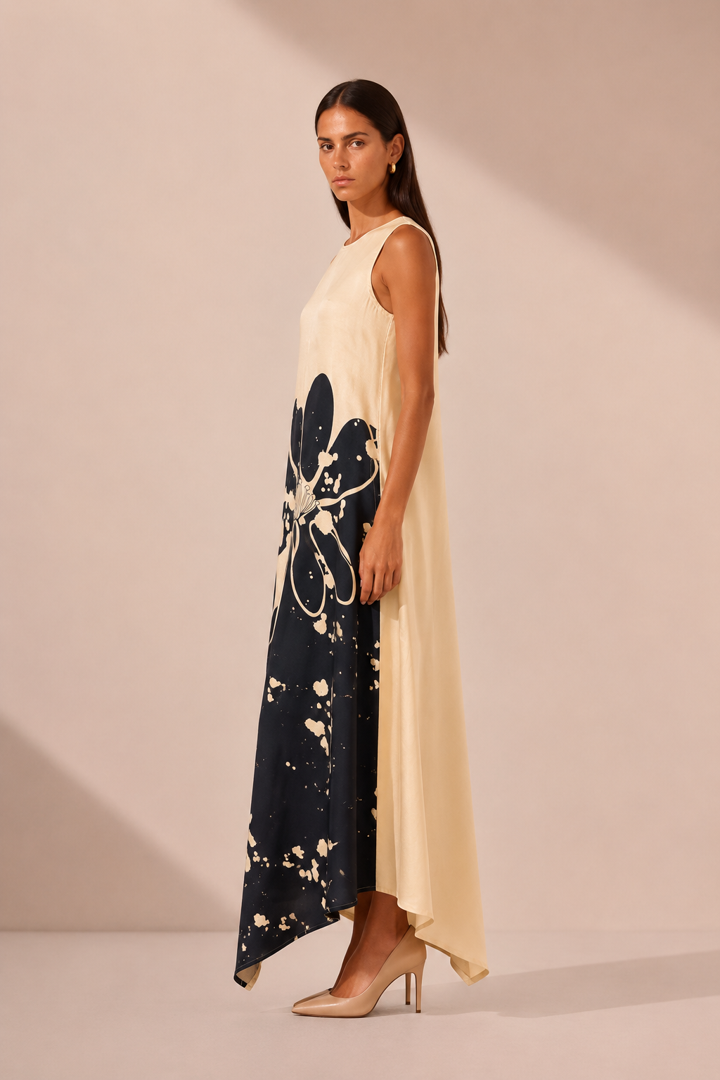 Sands of India Women Floral Print Sleeveless Asymmetric Hem A-Line Maxi Novelle Beige Dress - 3122